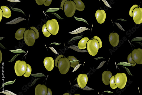 Vector seamless pattern branches with green olives on black background. For design natural organic cosmetics, wrapping paper, soap, olive oil.  Stock illustration.