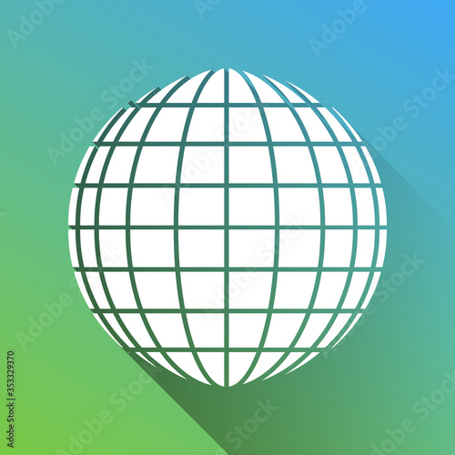 Earth Globe sign. White Icon with gray dropped limitless shadow on green to blue background. Illustration.