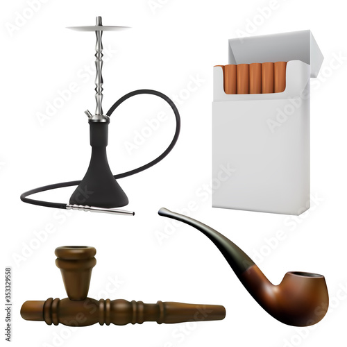 Set smoking items isolated on a white background. Сollection macro icons. Hookah, pack of cigarettes, tribal and tobacco pipe in realistic style. Vector illustration 3D. Design elements. Stock.