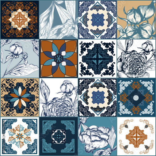 Beautiful traditional decorative color tiles azulejos in Portuguese style. Abstract background. Vector hand drawn illustration, Mediterranean tiles, Ceramic tiles