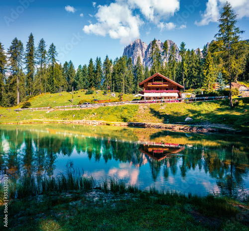 Splendid morning scene of small mountain lake - Scin. Amazing summer view of Dolomiti Alps, Cortina d'Ampezzo, Province of Belluno, Italy, Europe. Beauty of nature concept background.