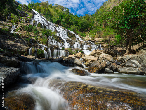 Beautiful Smooth Waterfall with blue sky