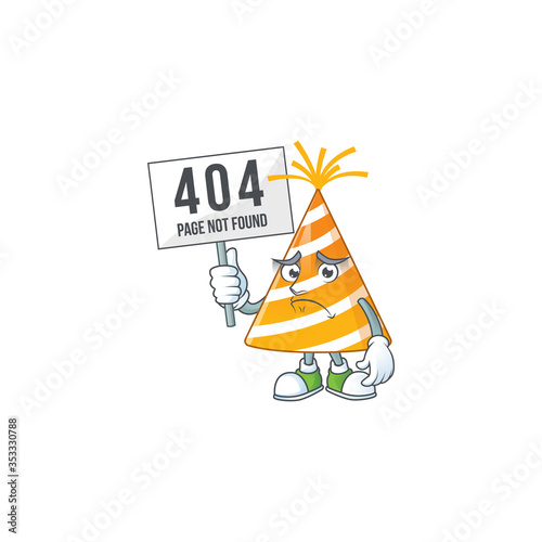 gloomy face of yellow party hat cartoon character with 404 boards