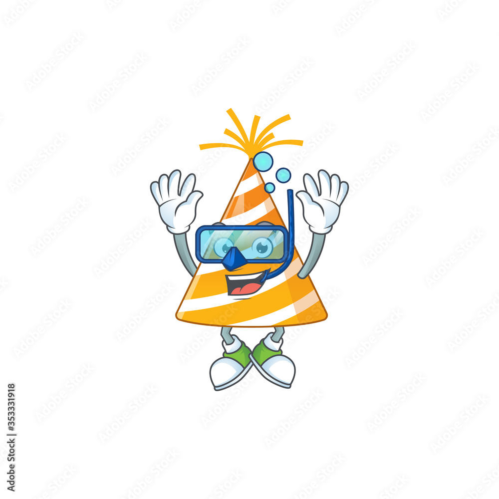 cartoon drawing concept of yellow party hat wearing cool Diving glasses ready to swim cartoon drawing concept of yellow party hat wearing cool Diving glasses ready to swim