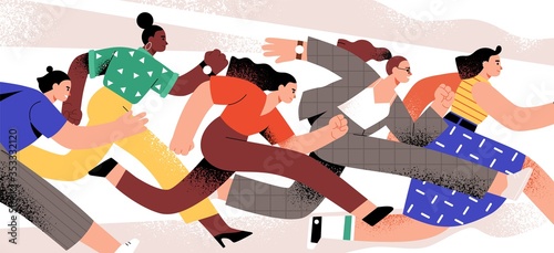 Active cartoon woman running together vector flat illustration. Group of emancipation modern girl runner having race lifestyle isolated on white. Diverse female jogger during competition marathon