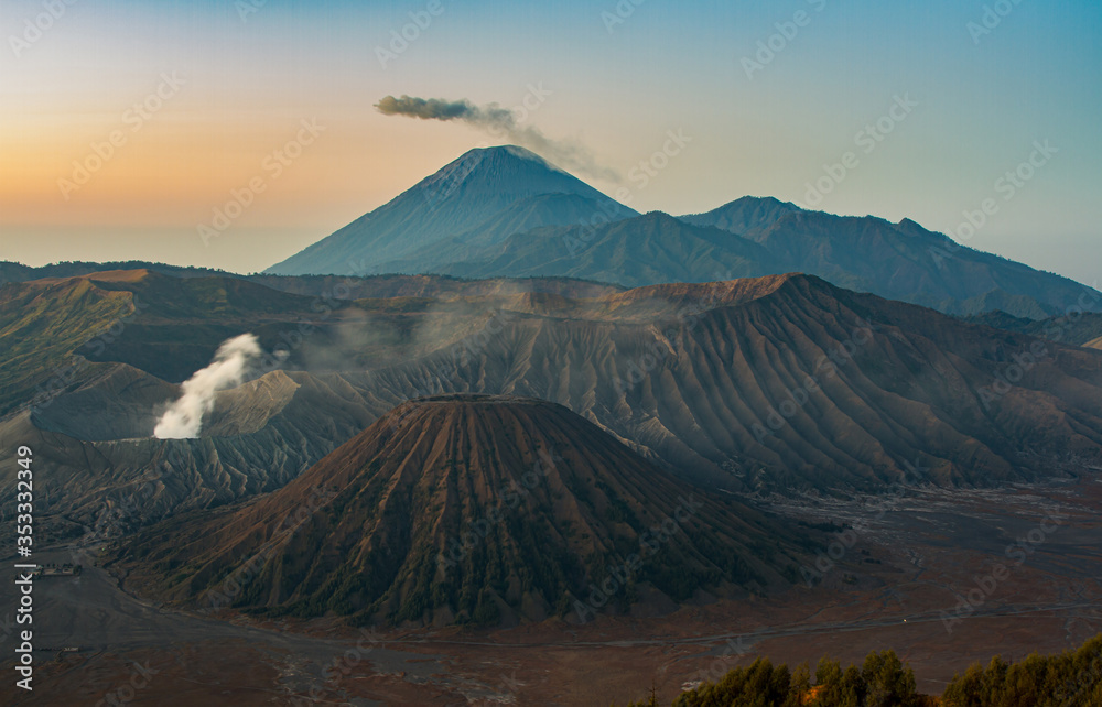 Mount Bromo volcano during sunrise, the magnificent view of Mt. Bromo located in Bromo Tengger Semeru National Park, East Java, Indonesia.