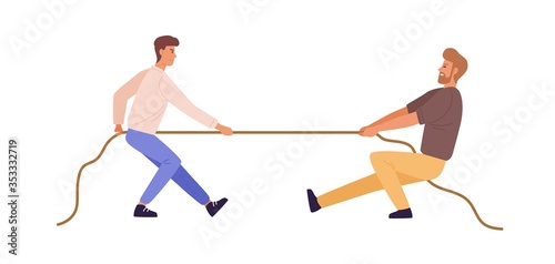 Tug of war man versus guy vector flat illustration. Battle or competition between male to leadership isolated on white background. Rivals person pulling opposite ends of rope