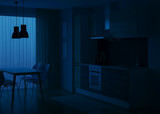 Kitchen interior in a modern style. Night. Evening lighting. 3D rendering.