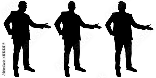 Three male silhouettes stand still and shows, demonstrates with a hand. Businessman in a suit at a presentation. Teacher explains the material. One person in three different positions. Black on white.