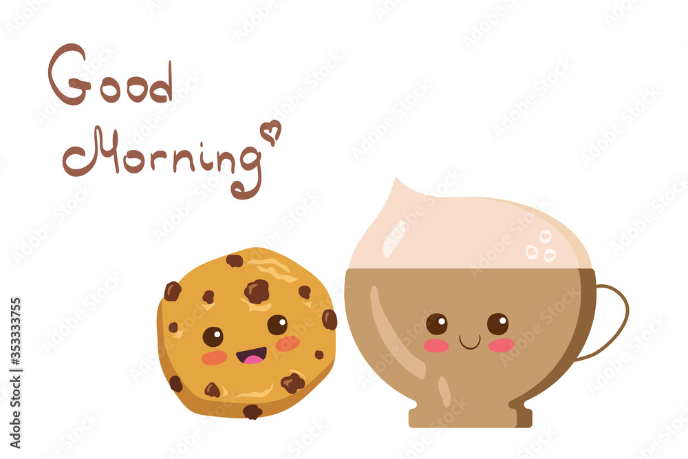 Fototapeta premium Kawaii Cappuccino & Cookie vector characters isolated on white background. Funny smiling coffee with foam & hand written Good Morning lettering. Cute yummy breakfast illustration. Kids menu concept. 
