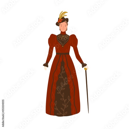 Elegant smiling woman wearing retro style apparel vector flat illustration. Adorable female standing in vintage dress and hat holding cane isolated on white background. Fashion of 1890s