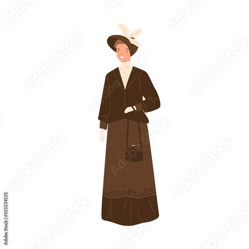 Happy woman standing in daily apparel of 1900s style vector flat illustration. Trendy smiling female wearing retro dress, hat and handbag isolated on white. Historical fashion of 19th century