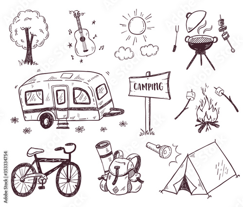 Hand drawn doodle camping vector elements, icons set with bonfire, adventure, hiking and touristic equipment