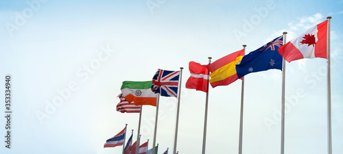 Photography international global flag on blue sky with banner size