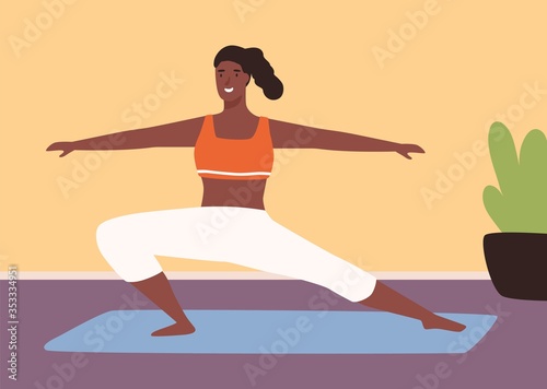 Adorable black skin woman practicing fitness on mat vector flat illustration. Athletic yoga girl demonstrate sports exercise at gym or home interior. Smiling sportswoman enjoying healthy lifestyle