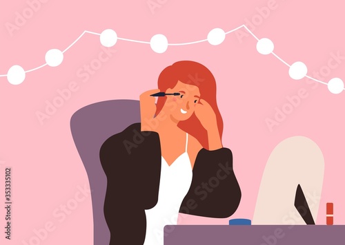 Smiling colorful woman dye eyelashes looking at mirror vector flat illustration. Young girl enjoying cosmetic procedure use mascara at home. Beauty female applying makeup having positive emotion