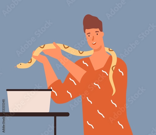 Joyful male holding yellow python vector flat illustration. Smiling guy putting snake into box isolated. Colorful man having dangerous reptile pet. Happy tamer of crawling exotic animal