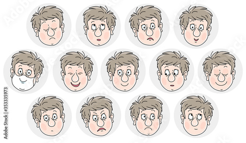 Set of funny emoticons of an optimistic and cheerful boy with smiling, sad and many other faces with different emotions, vector cartoon illustrations on a white background