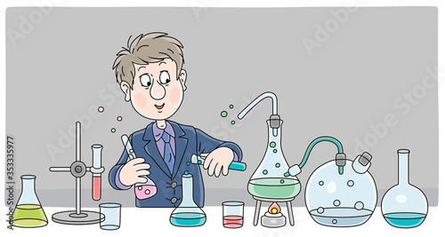 Schoolboy in uniform with chemical glass flasks, reagents and equipment for an experiment at a chemistry lesson in a school class, vector cartoon illustration