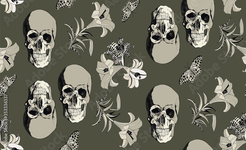 Vintage  skull with flower and butterfly seamless pattern