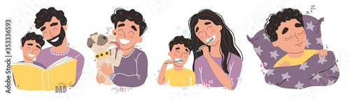 Vector bundle of happy loving family scenes. Happy chidhood concept.