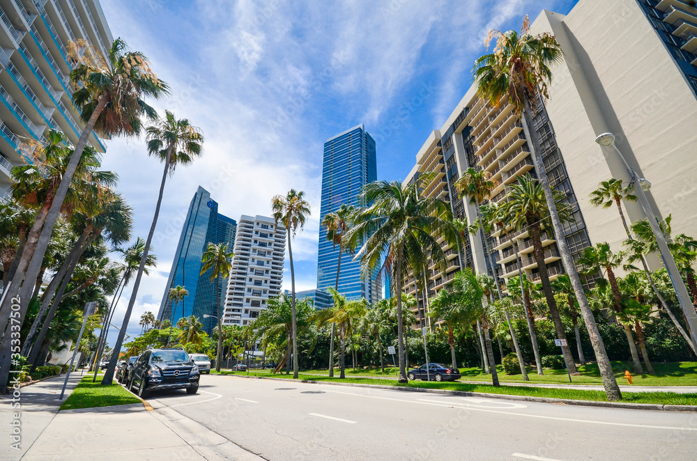 Obraz premium Miami, Florida, USA : Luxurious condominiums and hi-rises, and beautiful palm trees in Brickell Bay Drive.