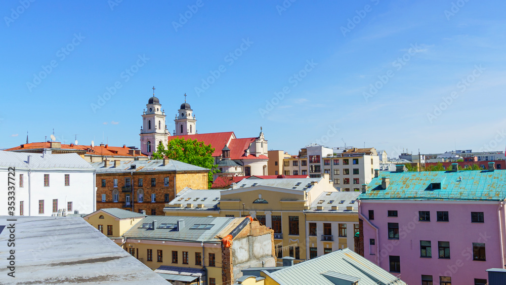 Amazing view from top of Minsk old town with many old houses and church belfries. Background for your design. Space for text.