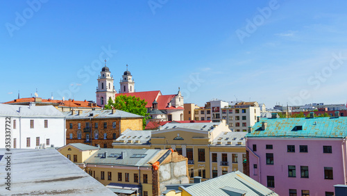 Amazing view from top of Minsk old town with many old houses and church belfries. Background for your design. Space for text.