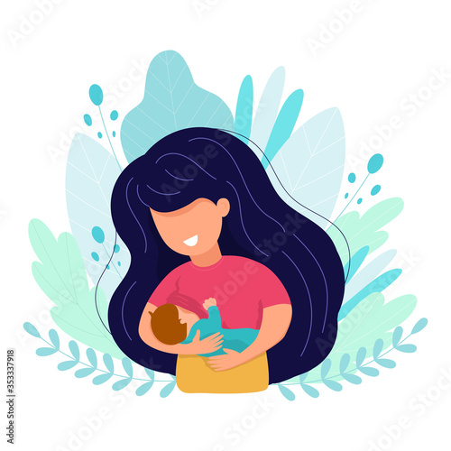 Vector cartoon illustration of Beautiful mother breastfeeds her baby child holding him in hands. Breastfeeding illustration. Mother feeds a baby on leaves background.
