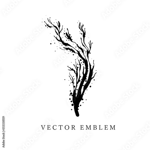 Hand drawn black contour seaweed. Outline, cartoon, tattoo design with dots, spary texture.