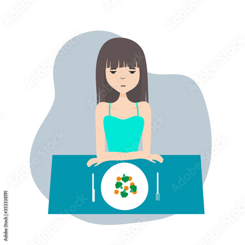 young woman looking at plate afraid to eat. Food addiction concept. Disosrder and depression. Anorexia, bulimia