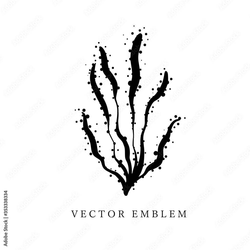 Obraz premium Hand drawn black contour seaweed. Outline, cartoon, tattoo design with dots, spary texture.