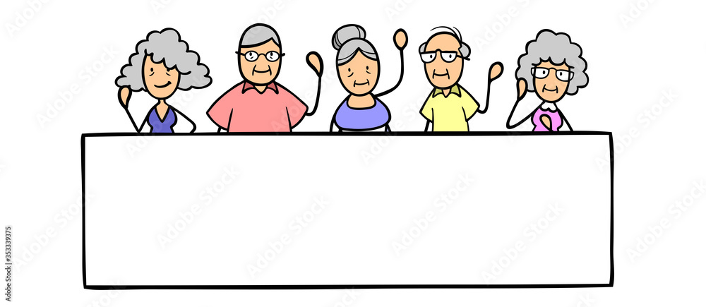 Senioren und Rentner winken hinter leerem Rahmen Senioren und Rentner winken hinter leerem Rahmen