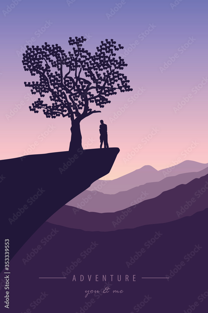 couple in love on a cliff under a tree with mountain view vector ...