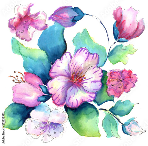 Pink flowers. Watercolor markers. Print, card