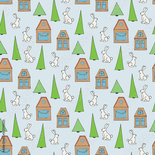 Christmas Morning Seamless Pattern with Rabbits, Fir Trees and Houses on Blue Background