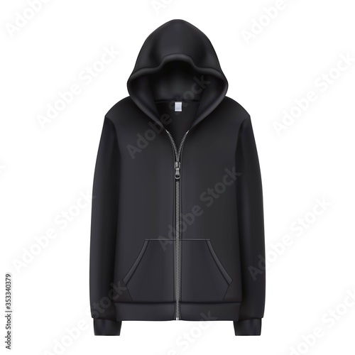 3d realistic vector black sport hoodie. Vector illustration on white background.
