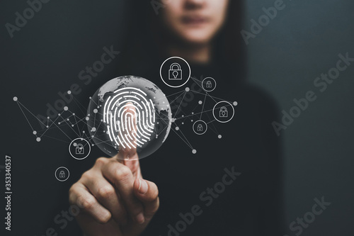 concept of fingerprint and information security on digital screen.