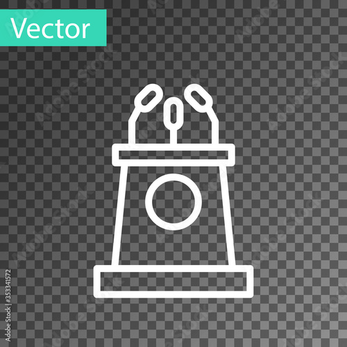 White line Stage stand or debate podium rostrum icon isolated on transparent background. Conference speech tribune. Vector Illustration.