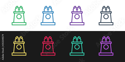 Set line Stage stand or debate podium rostrum icon isolated on black and white background. Conference speech tribune. Vector Illustration.