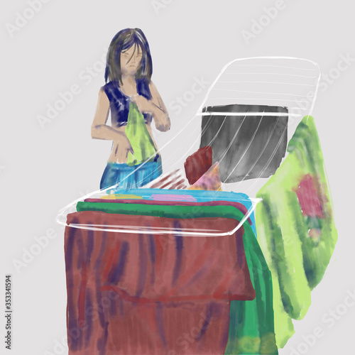 Daughter helps mom with housework. Watercolor