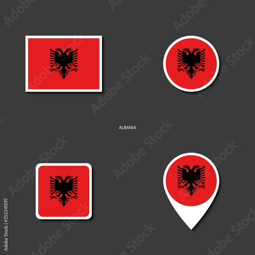 Albania flag icon set in different shape ( rectangle, circle, square and marker icon) on dark grey background. Albania sticker flag collection on barely dark background.