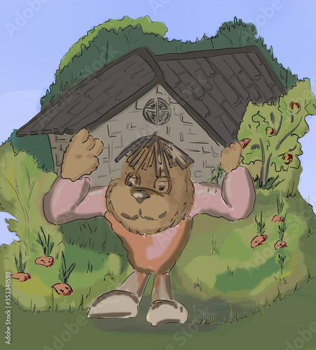 Bear harvesting carrots. Watercolor, children's illustration