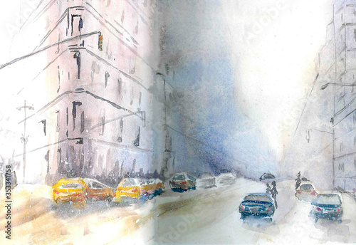 winter street watercolor sketch handwork