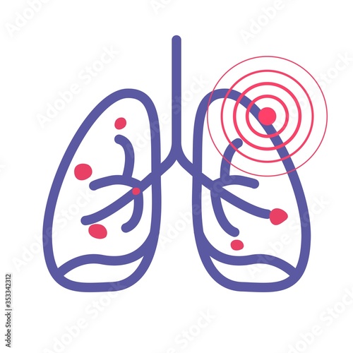 Lungs cancer pain illness or lung pneumonia and bronchitis tuberculosis pulmonary disease vector line outline art icon illustration, concept of medicine or medical respiration infection of organ