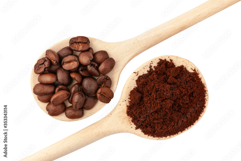 Coffee beans and ground coffee on spoons Coffee beans and ground coffee on spoons