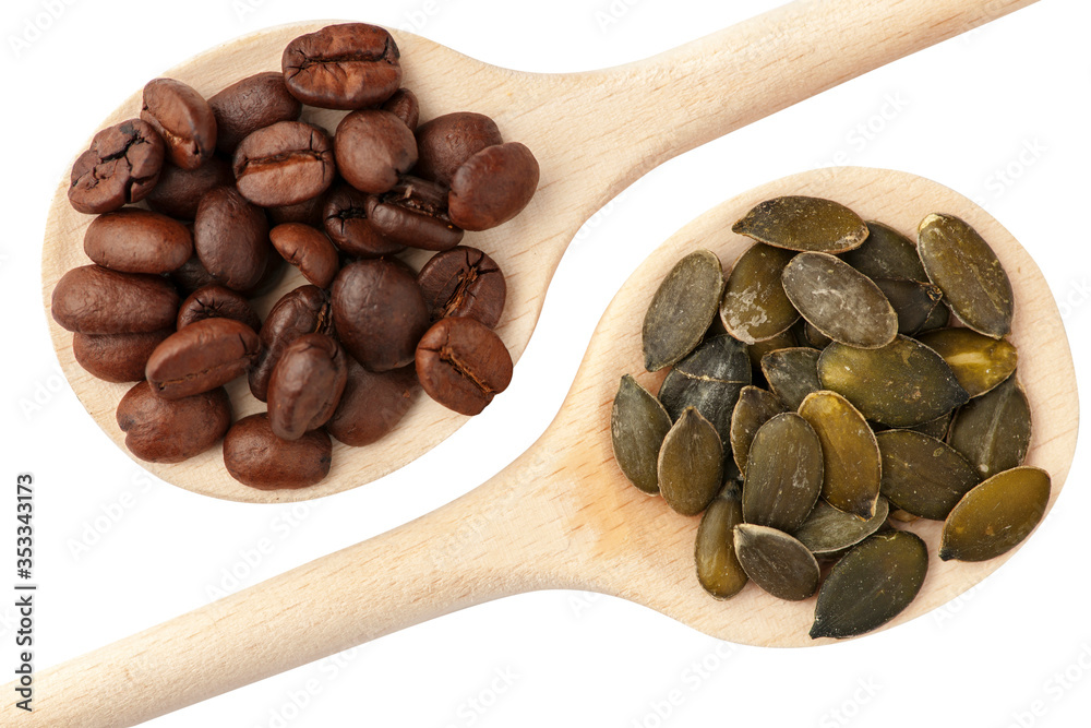 Fototapeta premium Seeds pumpkin and Koffee beans on spoons