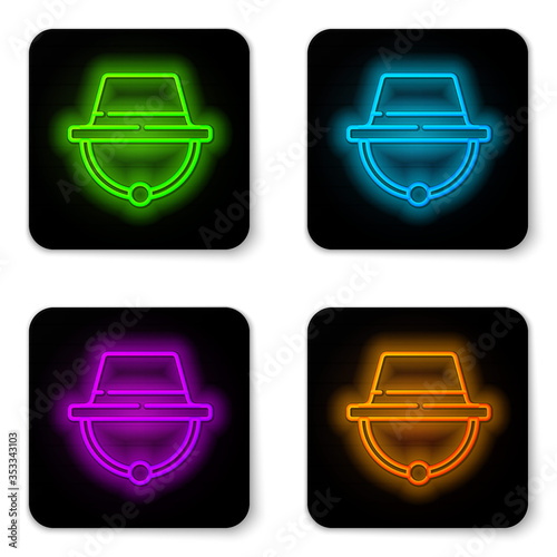 Glowing neon line Camping hat icon isolated on white background. Beach hat panama. Explorer travelers hat for hunting, hiking, tourism. Black square button. Vector Illustration.