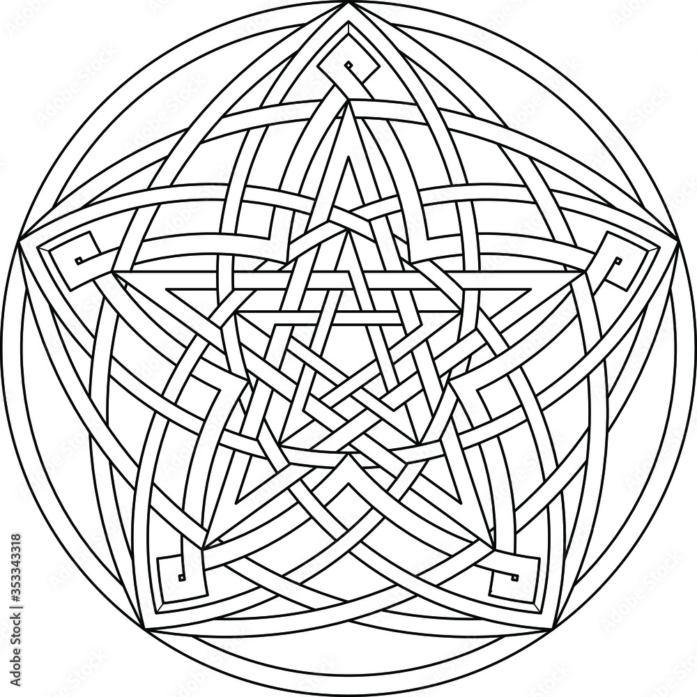 Pentagram with mandala ornament pattern with circular pentagon geometry background vector coloring book
