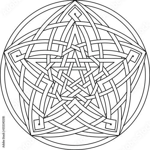 Pentagram with mandala ornament pattern with circular pentagon geometry background vector coloring book

